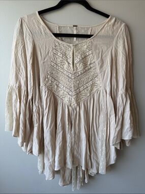 Free People Women’s Cream Embroidered Mesh Boho Peasant Top XS
